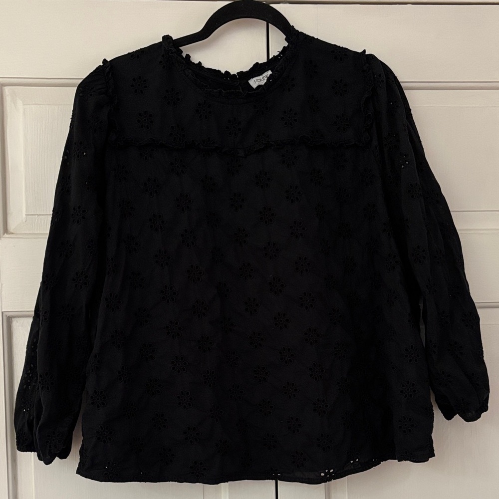 J. Crew Eyelet Floral Black Lace Women's Top Blouse Size XL 100% Cotton Lined
